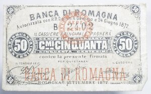 obverse: Banconote. Banca di Romagna Bologna. Biglietto fiduciario da 1 Lira. 24/06/1872. Rif. Alfa. FID 6020.11. BB+. RR.