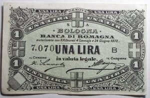 obverse: Cartamoneta.Banca di Romagna.Bologna.1Lira.1872.SPL.gs