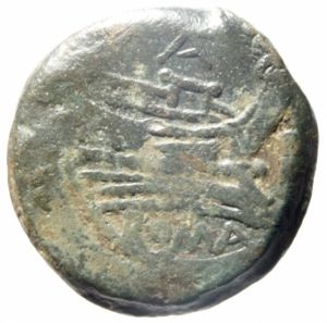 reverse: Repubblica Romana. Serie AT in monogramma. ca 169 a.C. Asse. AE. D/ Testa di Giano laureata, sopra segno di valore I. R/ Prua a destra,AT . Sotto ROMA. Syd. 218. Cr. 192. Peso gr. 26,10. Diametro mm. 32.00. BB.