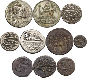 obverse: India. Multiple lot of eleven (11) AR/AE coins, mostly of Indian area, including Mughal Empire AR Rupees, Bengal Presidency AR rupees, Temple tokens