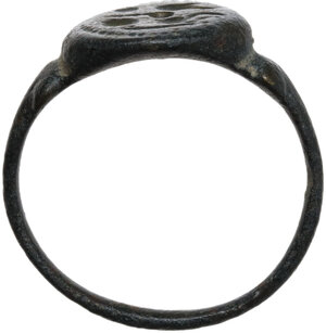 obverse: AE Ring, the bezel decorated two Erotes (?).  Late Roman or Early Medieval.  Size 17 mm