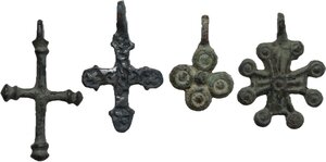 obverse: Lot of four bronze cross pendants in different designs, all with the original loop.  Byzantine.  34, 32, 29 and 24 mm