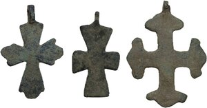 reverse: Lot of three bronze cross pendants in different designs, original loops partly broken.  Byzantine.  41, 35 and 32 mm