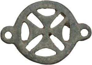 obverse: Bronze decorative element, cross within a circle with two fastening loops.  Byzantine to Migration Period.  47 mm with the loops