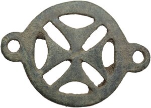 reverse: Bronze decorative element, cross within a circle with two fastening loops.  Byzantine to Migration Period.  47 mm with the loops
