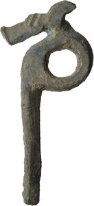 obverse: Bronze decorative element with animal head and big loop.  Migration Period to Medieval. Balkanic.  76x38 mm