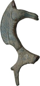 obverse: Bronze decorative elemet in the shape of a horse. Engraved details.  Migration Period or Medieval. Balkanic.  78x35 mm