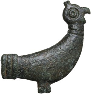 obverse: Bronze flat decorative element in the shape of a bird. Details engraved.  Migration period to early medieval.  36x29 mm
