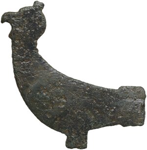 reverse: Bronze flat decorative element in the shape of a bird. Details engraved.  Migration period to early medieval.  36x29 mm