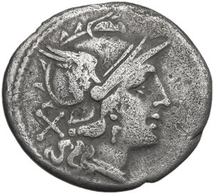 obverse: Rudder series. AR Denarius. Rome, 206-195 BC.