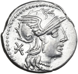 obverse: P. Maenius M.f. Antiaticus  . Denarius, 130 BC
