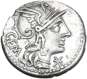 obverse: M. Aburius M.f. Geminus. Denarius, 132 BC