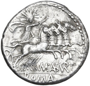 reverse: M. Aburius M.f. Geminus. Denarius, 132 BC