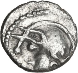 obverse: Central Gaul, Aedui. AR Quinarius,  à la tête casquée  type, c. 80-50 BC