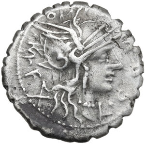 obverse: L. Licinius Crassus, Cn. Domitius Ahenobarbus and L. Cosconius M.f.. Denarius serratus, Narbo mint, 118 BC