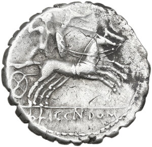 reverse: L. Licinius Crassus, Cn. Domitius Ahenobarbus and L. Cosconius M.f.. Denarius serratus, Narbo mint, 118 BC