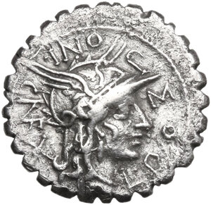 obverse: L. Licinius Crassus, Cn. Domitius Ahenobarbus and L. Pomponius C.f.. Denarius serratus, Narbo mint, 118 BC