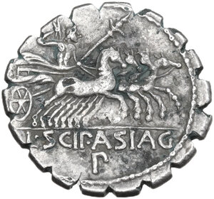 reverse: L. Scipio Asiagenus.. Fourreé Denarius serratus, 106 BC
