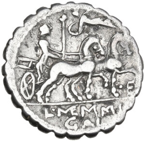 reverse: L. Memmius Galeria. Denarius serratus, 106 BC