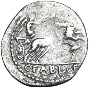 reverse: C. Fabius C. f. Hadrianus.. Denarius, 102 BC
