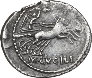 reverse: Mn. Lucilius M.f.. Denarius, 101 BC