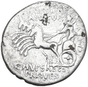 reverse: M. Aemilius Scaurus with Pub. Plautius Hypsaeus. Denarius, 58 BC