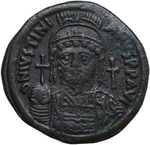 obverse: Justinian I (527-565).. AE Follis. Constantinople mint, 2nd officina. Dated RY 12 (538/9)