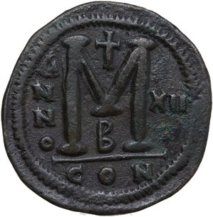 reverse: Justinian I (527-565).. AE Follis. Constantinople mint, 2nd officina. Dated RY 12 (538/9)