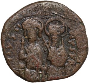 obverse: Justin II and Sophia (565-578). AE Follis. Constantinople mint, 3rd officina. Dated RY 8 (572/3)