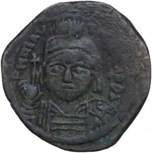 obverse: Maurice Tiberius (582-602).. AE Follis. Constantinople mint, 2nd officina. Dated RY 8 (589/90)