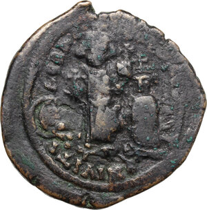 obverse: Heraclius (610-641).. AE Follis, Constantinople mint. Overstruck on a Follis of Justin II, Nicomedia mint