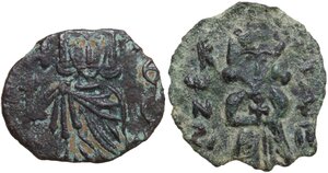 reverse: Constantine V with Leo IV (751-775).. Lot of 2 unclassified AE Folles