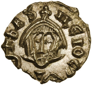 obverse: Basil I, the Macedonian (867-886), with Constantine (868-879).. Debased AV Semissis (?), Syracuse mint
