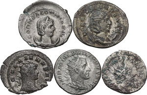obverse: The Roman Empire. Multiple lot of five (5) unclassified AR Antoniniani of Philip I. Otacilia Severa, Gallienus, Salonina and Postumus