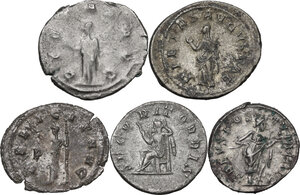 reverse: The Roman Empire. Multiple lot of five (5) unclassified AR Antoniniani of Philip I. Otacilia Severa, Gallienus, Salonina and Postumus
