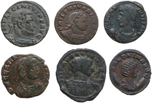 The Roman Empire.. Multiple lot of six (6) coins: Antoniniani of  Salonina and Aurelian, AE of  Licinius, Crispus, Constantius II and Gratian