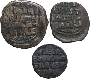 reverse: The Byzantine Empire.. Lot of 3 unclassified AE denominations, including anonymous folles and Leo VI