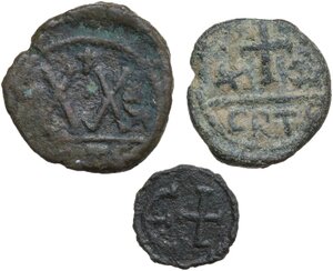 reverse: The Byzantine Empire.. Lot of 3 unclassified AE denominations, including: Phocas, Constantius II and Justinian I