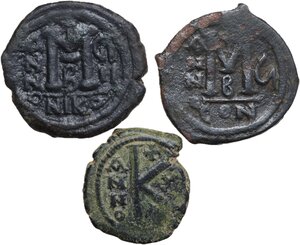 reverse: The Byzantine Empire.. Lot of 3 unclassified AE denominations, including: Jusitin II with Sophia and Maurice Tiberius