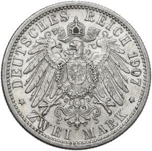 reverse: Germany. Wuerttemberg.  Wilhelm II (1891-1918).. AR 2 Mark, Stuttgart mint, 1907