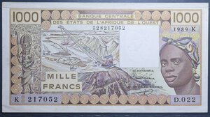 reverse: AFRICA DELL OVEST 1000 FRANCS 1989 SPL
