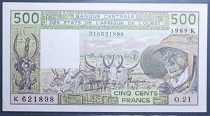 reverse: AFRICA DELL OVEST 500 FRANCS 1989 SUP