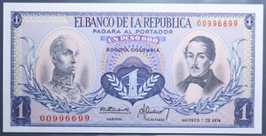 reverse: COLOMBIA 1 PESO ORO 1974 FDS