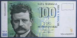 reverse: FINLANDIA 100 MARKKAA 1986 BB+(MACCHIE)