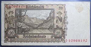 obverse: GERMANIA 20 MARK 1939 BB (STRAPPO)