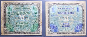 reverse: GERMANIA AOCCUPAZIONE AMERICANA 1 MARK 1944 - 1/2 MARK 1944 LOTTO 2 PEZZI MB+