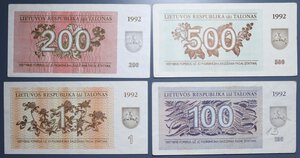 reverse: LITUANIA 500 + 200 + 100 + 1 TALONAS 1992 VARIE CONSERVAZIONI