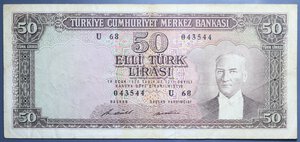 reverse: TURCHIA 50 LIRASI 1970 qBB