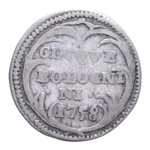 reverse: BOLOGNA BENEDETTO XIV (1740-1758) 5 BOLOGNINI 1758 AG. 1,40 GR. MIR 2638/12 RR BB