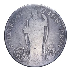 reverse: BOLOGNA PIO VI (1775-1799) SCUDO ROMANO DA 100 BOLOGNINI 1777 AN. III RR AG. 25,51 GR. MB